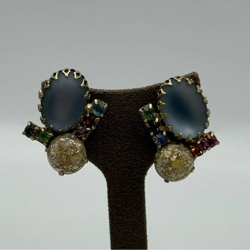 Vintage 1960s Chic Blue glass and Gold tone clip on Earrings